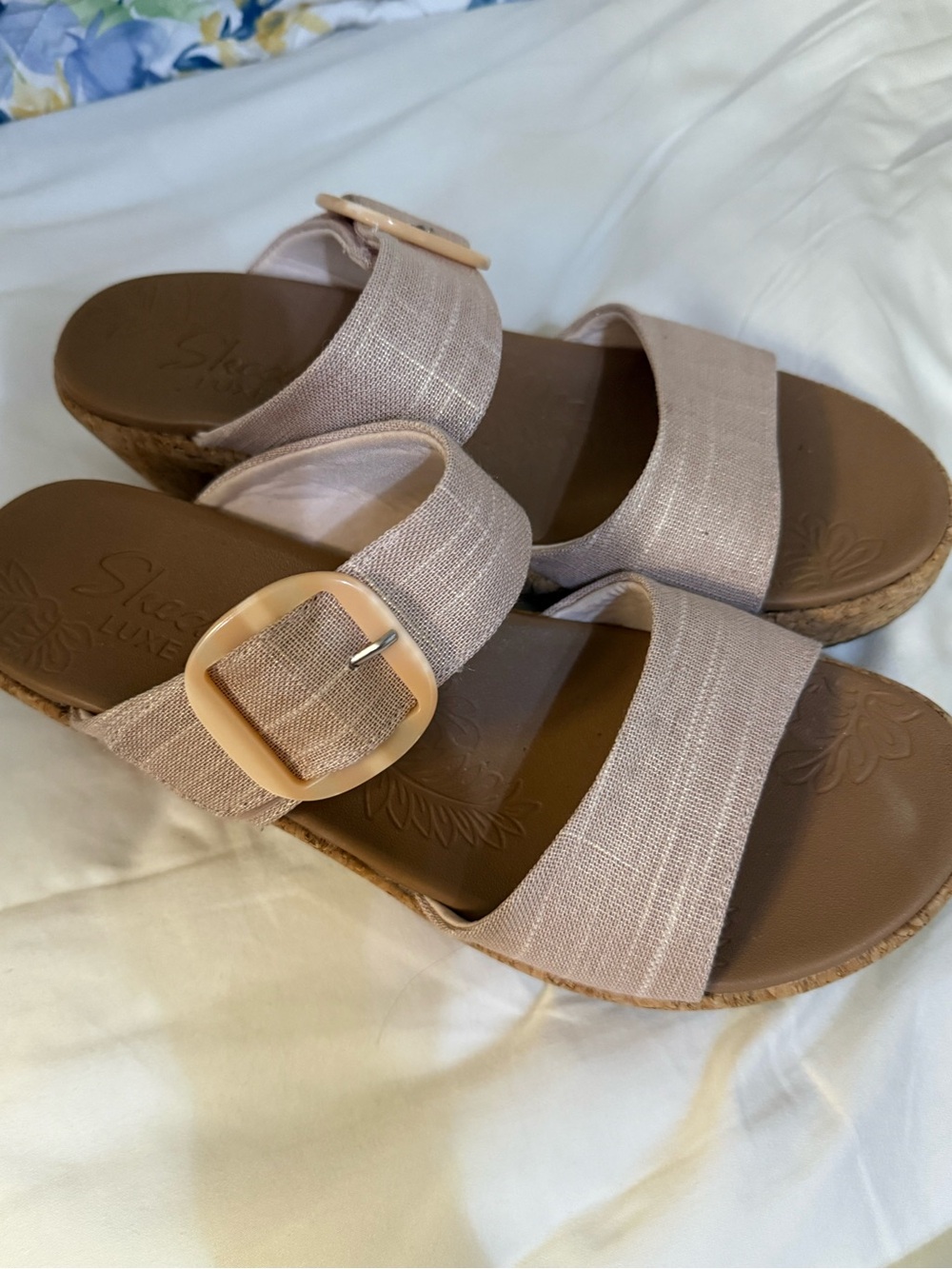 Skechers Women's Neutral Taupe Two-Strap Slide Sandals with Buckle